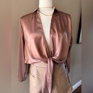 Satin Tie-Front Blouse in Cocoa